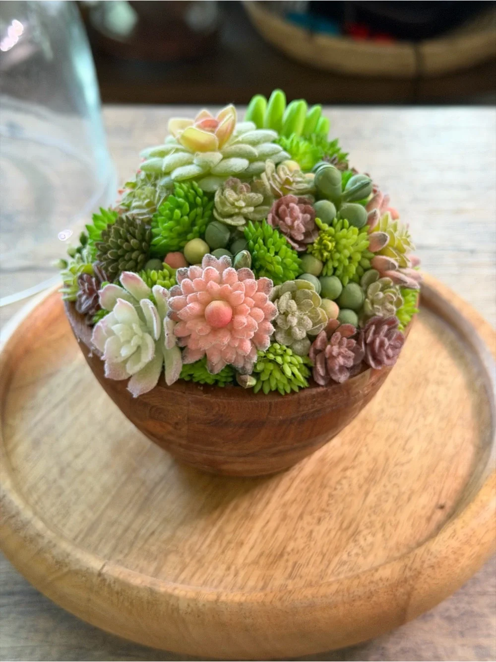Handcrafted Faux Succulent Arrangement in Wooden Bowl (Glass Dome)